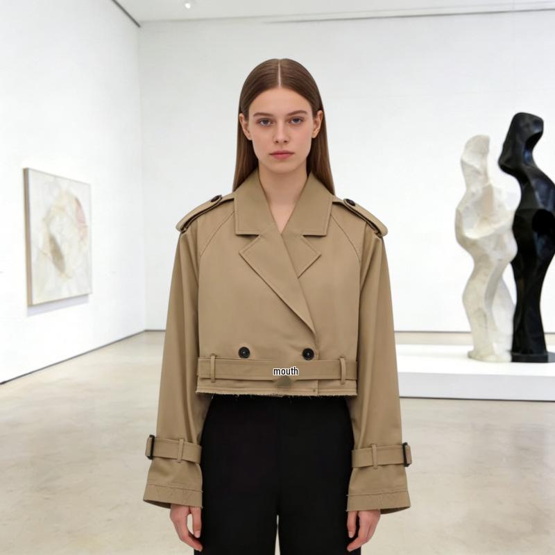 European & American Style Women's Belted Long Sleeve Short Windbreaker Jacket for Spring/Autumn