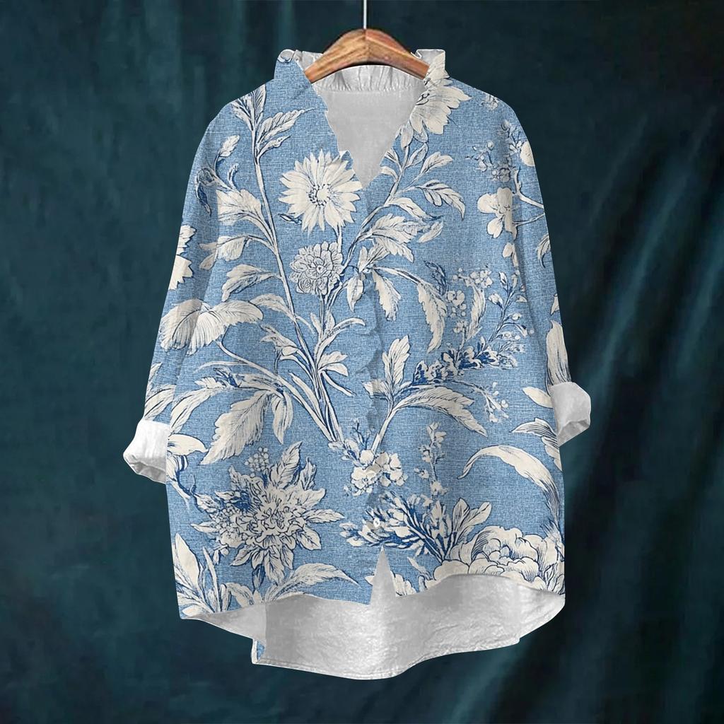 Women's Loose Ruffled Retro Floral Print Stand Collar Long Sleeve Cotton And Linen Top