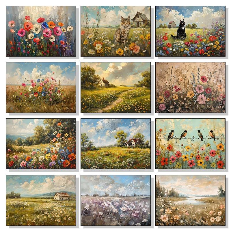 

Wildflower Field Cat Sparrow Farm House Painting Posters and Prints Canvas Printing Rustic Retro Wall Art Picture for Home Decor 21cm×30cm NoFrame