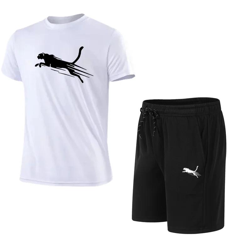Męski Zestaw do Biegania Top z Nadrukiem Geparda Casualowy T-shirt+Szorty Dwuczęściowy Wolne Bieganie Oddychający Szybkoschnący