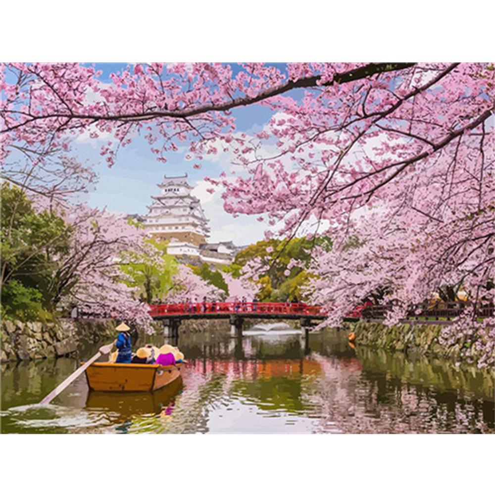 Pintura de diamante 3D, punto de cruz de paisaje, bordado de diamantes artesanal, flores de cerezo, imagen de diamantes de imitación, decoración del hogar