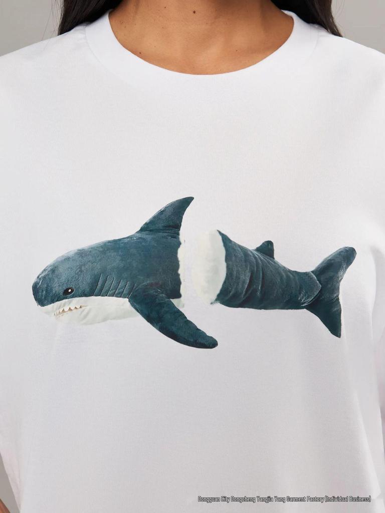 2026 Summer Women's European & American Style Versatile Shark T-Shirt - 100% Cotton Short Sleeve