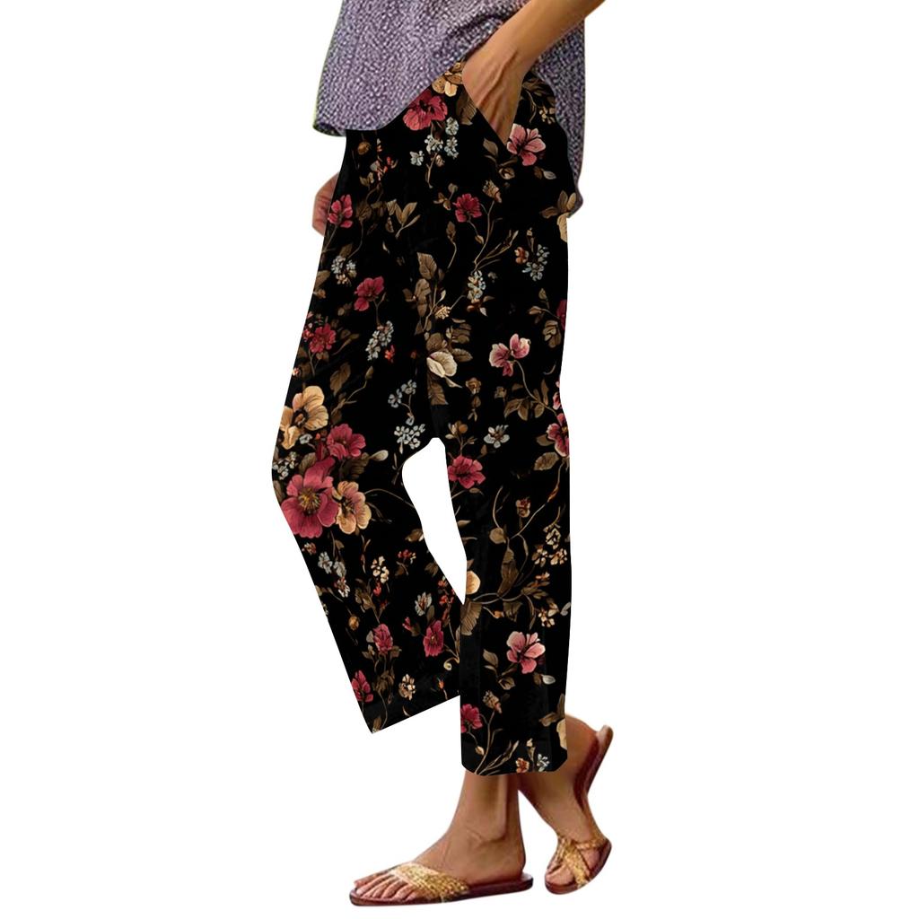 Women Casual Drawstring Waist Pants with Pockets Loose Fit Floral Print Elastic Waistband Lightweight Trousers for Everyday Wear