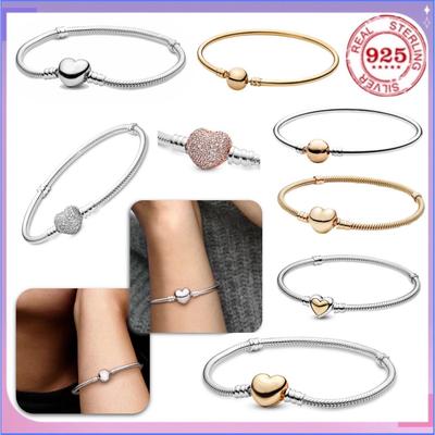 925 Silver Heart Charm Bracelet for Women Smooth Snake Bone Fine Jewelry Holiday Gift