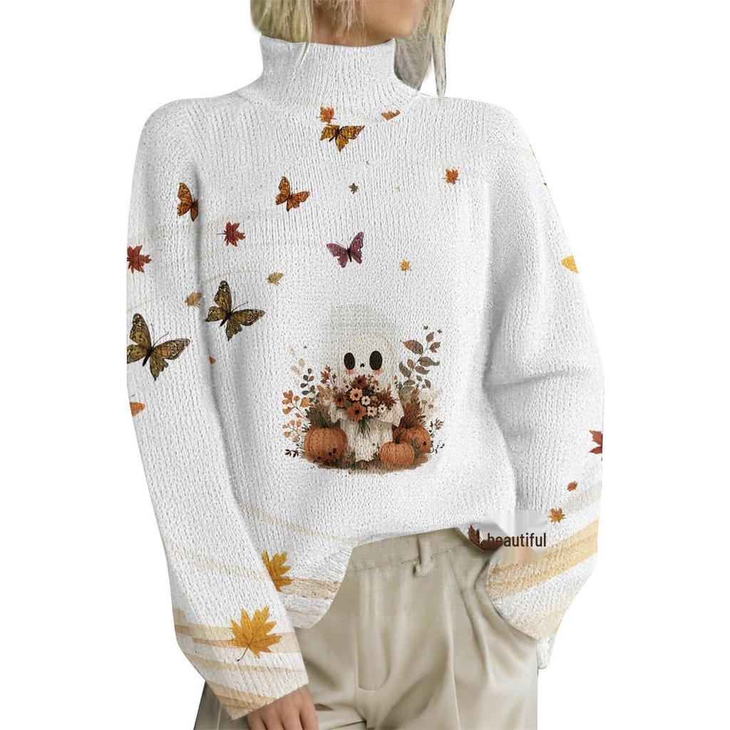 HJX-GL1 Halloween Devil 3D Print High Neck Pullover Sweater - Long Sleeve, Loose Fit for Autumn/Winter