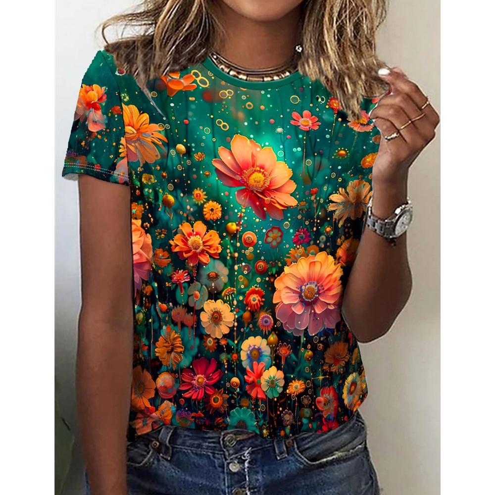 Fashions Women's Clothing Crushed Flower O-Neck Loose Short Sleeve T-Shirt Coloured Print Tops Ventilate Tshirts Streetwear