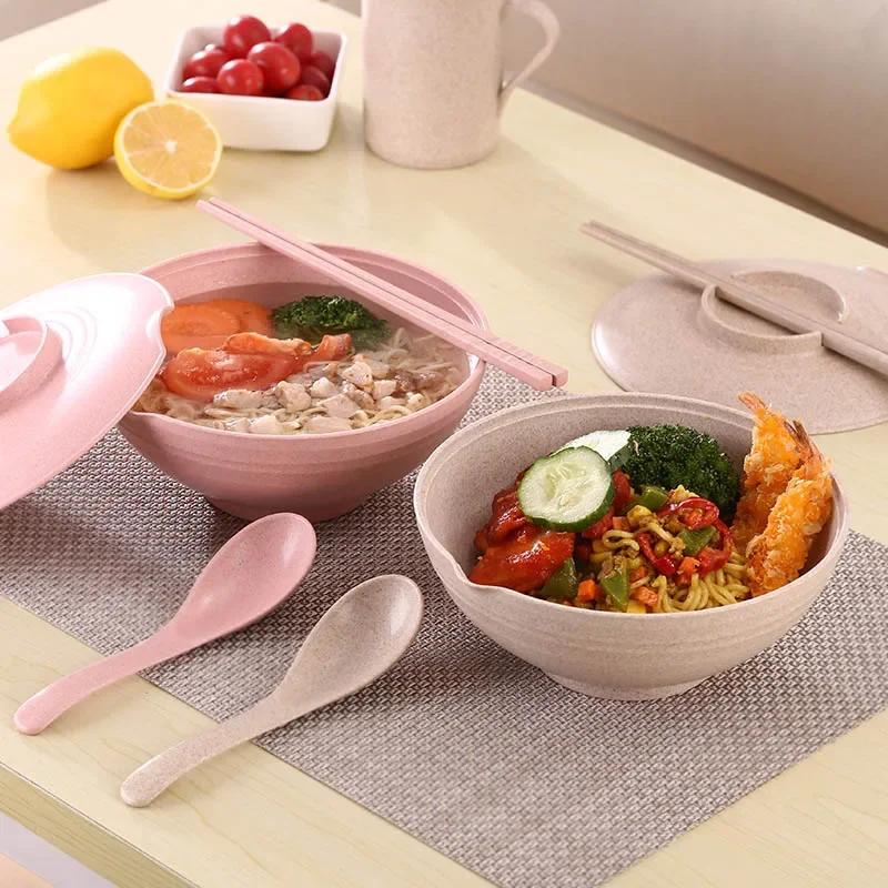 Household Bowls Spoons Chopsticks Set With Lid for Instant Food, 3pcs Wheat Straw Bowl, Instant Noodles Bowl, Kitchen Tableware