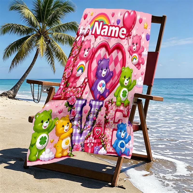Custom Name Personalized Care Bears Print Beach Towel, for Trip Camping Beach Party Home Decor, Birthday Gift for Family & Friends