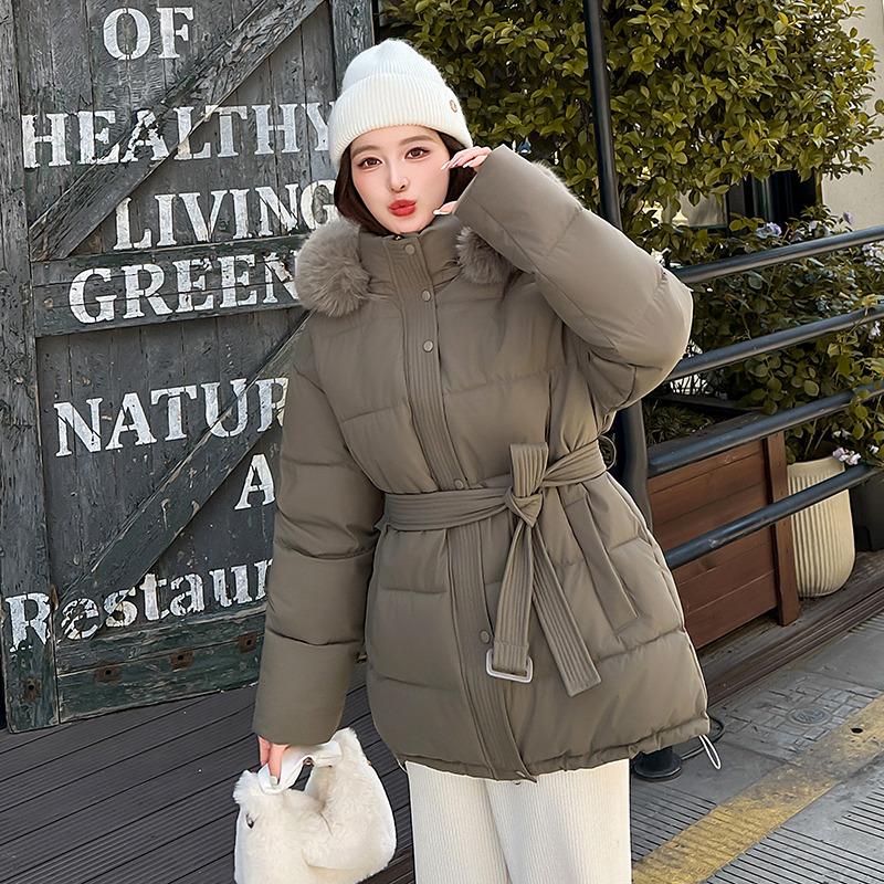 Large Fur Collar Belt Down Cotton Jacket for Women Winter Waist Belt Slimming Thick Sweet Coat