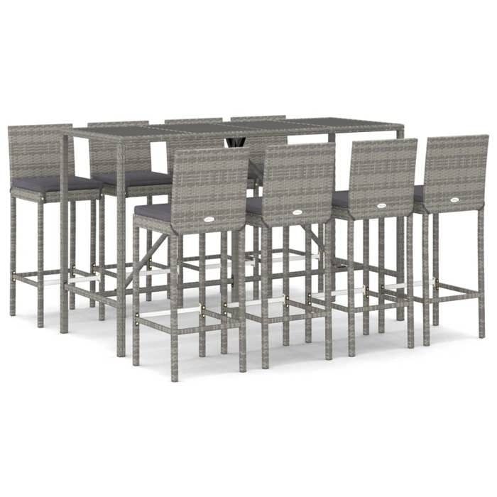 VidaXL Ensemble de bar de jardin 9 pcs avec coussins gris poly rotin, ensemble de table de bar, table et chaise de bar, 3187648