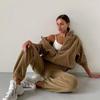 Women Solid Color Long Sleeve Hooded V Neck Hoodies Suit Autumn Winter Loose Top Wide Leg Pants