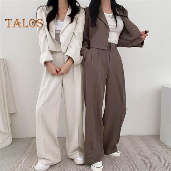 2 Teile/satz Frauen Mantel Hosen Set Revers Einreihige Strickjacke Langarm Jacke Breites Bein Hohe Taille Gerade Hose Dame Formale Pendler Outfit