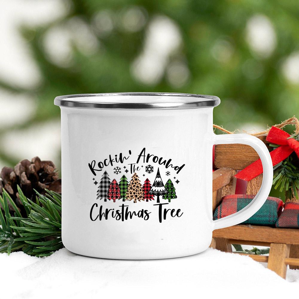 Christmas Tree Deer Truck Print Enamel Mugs Coffee Cups Christmas Party Dessert Hot Cocoa Chocolate Cup Gifts for Friends Family