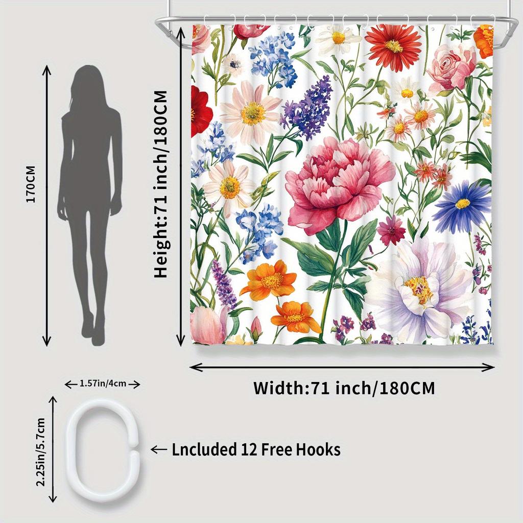 Yuzhiyu Floral Shower Curtain - Water-Resistant Polyester, Fashion Print, 71X71", Machine Washable, 12 Hooks