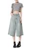 Women's Summer 2025 Light Blue High Waist Wide-Leg Denim Shorts