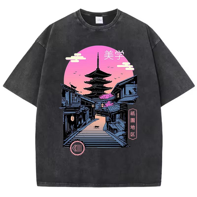 T Shirt Vintage Washed 100% Cotton T-Shirt Japanese Style Gothic Graphic Tee Casual Streetwear for Spring Summer