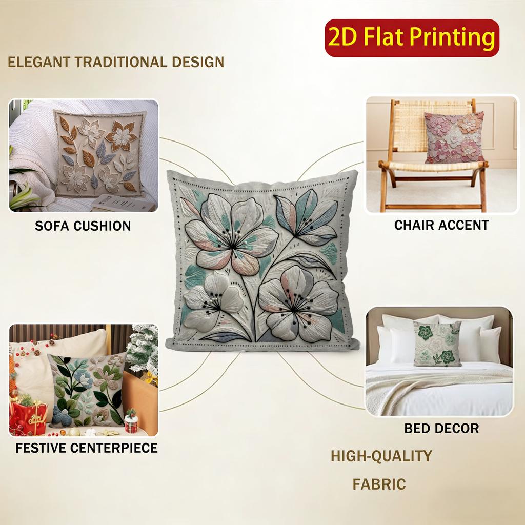 2D Floral Embroidered Pattern Decorative Pillow Covers Pattern Cushion Cover Suitable For Sofa Bedroom Car Pillow Cover