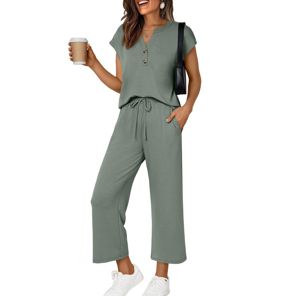Women's Fashionable Casual Comfortable -Colour Small V-Neck Button-Front Short-Sleeved Two-Piece Suit