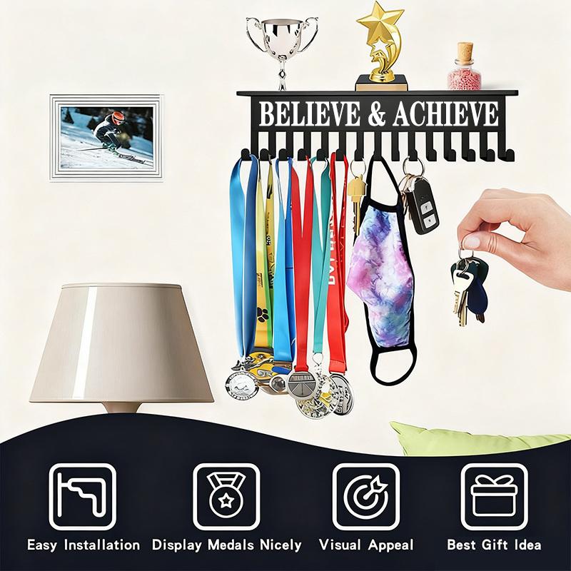 

Metal Wall-Mounted Trophy & Medal Display Rack With Believe Achieve Motivational Sign Multi-Hook For Awards, Keys, Ribbons A
