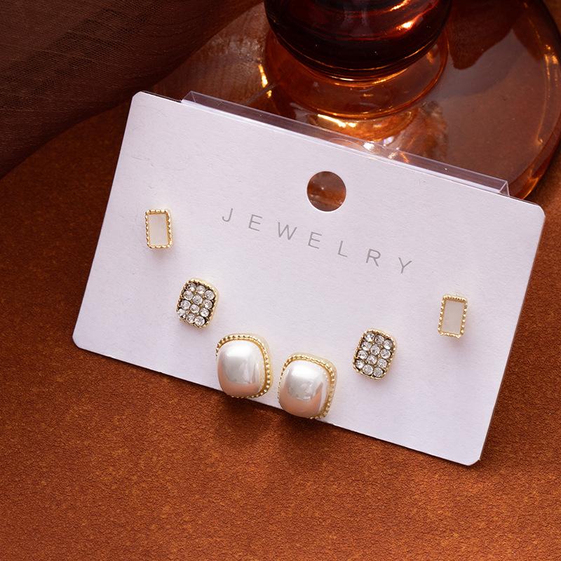 Simple And Exquisite Square Diamond-Set Pearl Stud Earrings, Colorful Opal Earrings Set, Daily Fashion Versatile Earrings For Women