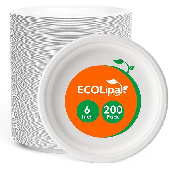 ECOLipak 6 Inch Disposable Compostable Small Paper Plates, 200 Pack Recycled Sugarcane Bagasse Biodegradable Heavy Duty Mini Dinner Appetizer Cake 6in-200white