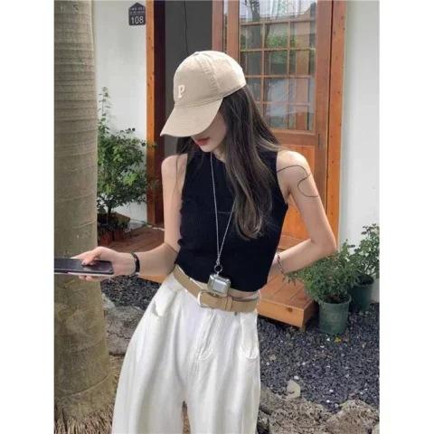 

Summer new French sweet and spicy style student short top women s sleeveless knitted suspender vest women s tide One size fits all чорний