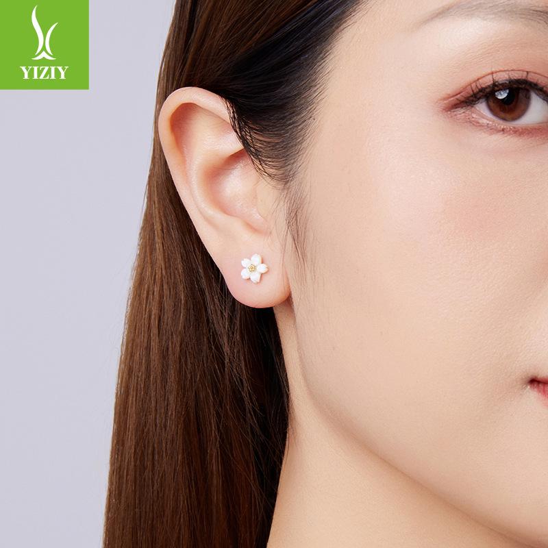 S925 Sterling Silver Cherry Blossom White Fritillary Stud Earrings For Women, Summer Simple Flower Stud Earrings