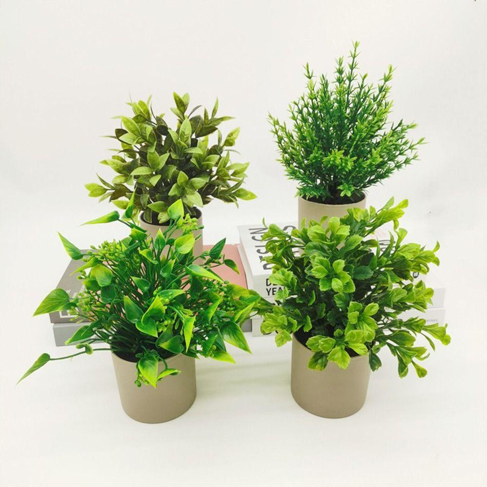 Creative Green Leaves Artificial Grass Bonsai Photo Props with Flowerpot Potted Plant Ornament Faux Flowerpotted Gift