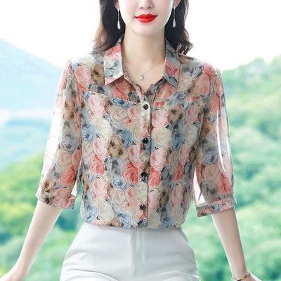 3/4 ärmeln Mama der Chiffon Bluse Sommer Gedruckt Bodenbildung Shirt Neue Mode Retro Temperament Drehen Unten Kragen Top M-4XL