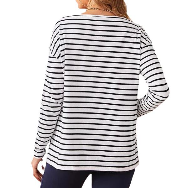 Striped Pocket Round Neck Long Sleeve Maternity Top for Women