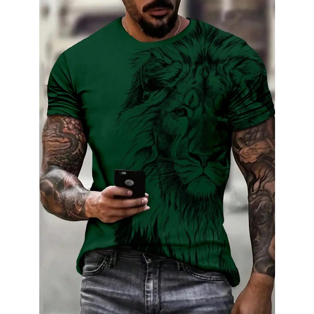 Summer Round Neck 3D Lion Pattern Print Top Fashionable Casual Short Sleeved Men's T-shirts