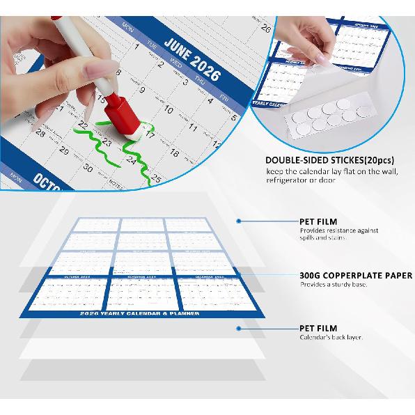 32"x48" 2026 Wall Calendar, AWANKOU Wet & Dry Erasable 1 Page Poster Calendar - Large Laminated 12 Month Annual Yearly Calendar for