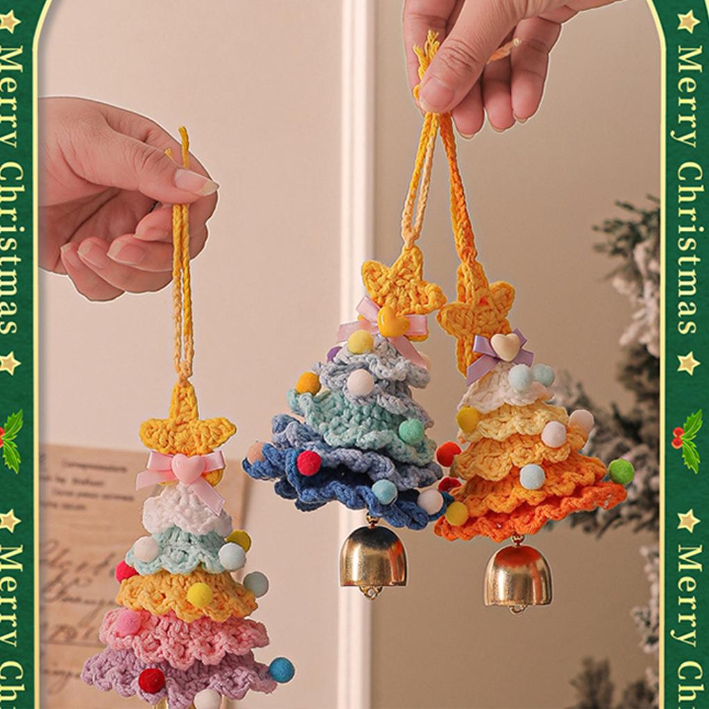 Knitted Plush Christmas Tree with Jingle Bell Handmade Crochet Christmas Hanging Pendant Wool Xmas Tree for New Year Party Decor