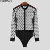 Men Long Sleeve Polka Dot Patchwork Mesh See Through Bodysuits Jumpsuits