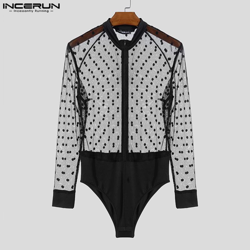 INCERUN Men Long Sleeve Polka Dot Patchwork Mesh See Through Bodysuits Jumpsuits