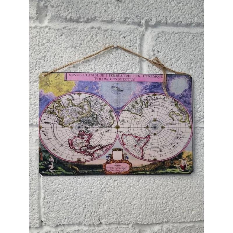 Vintage World Map Tin Sign, Antique Metal Wall Decor