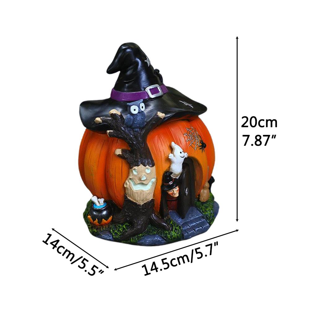 Halloween Witch Pumpkin House Figurine Luminous Resin Pumpkin Statue Crafts Desktop Ornament