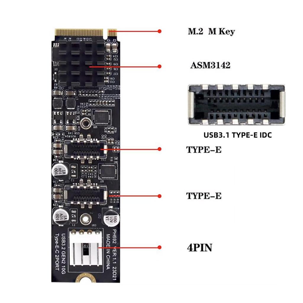 10Gbps Dual Type-E USB 3.1 Front Panel IDC Socket - NVMe NGFF M-Key ExpressCard Adapter for ASM3142 Motherboards