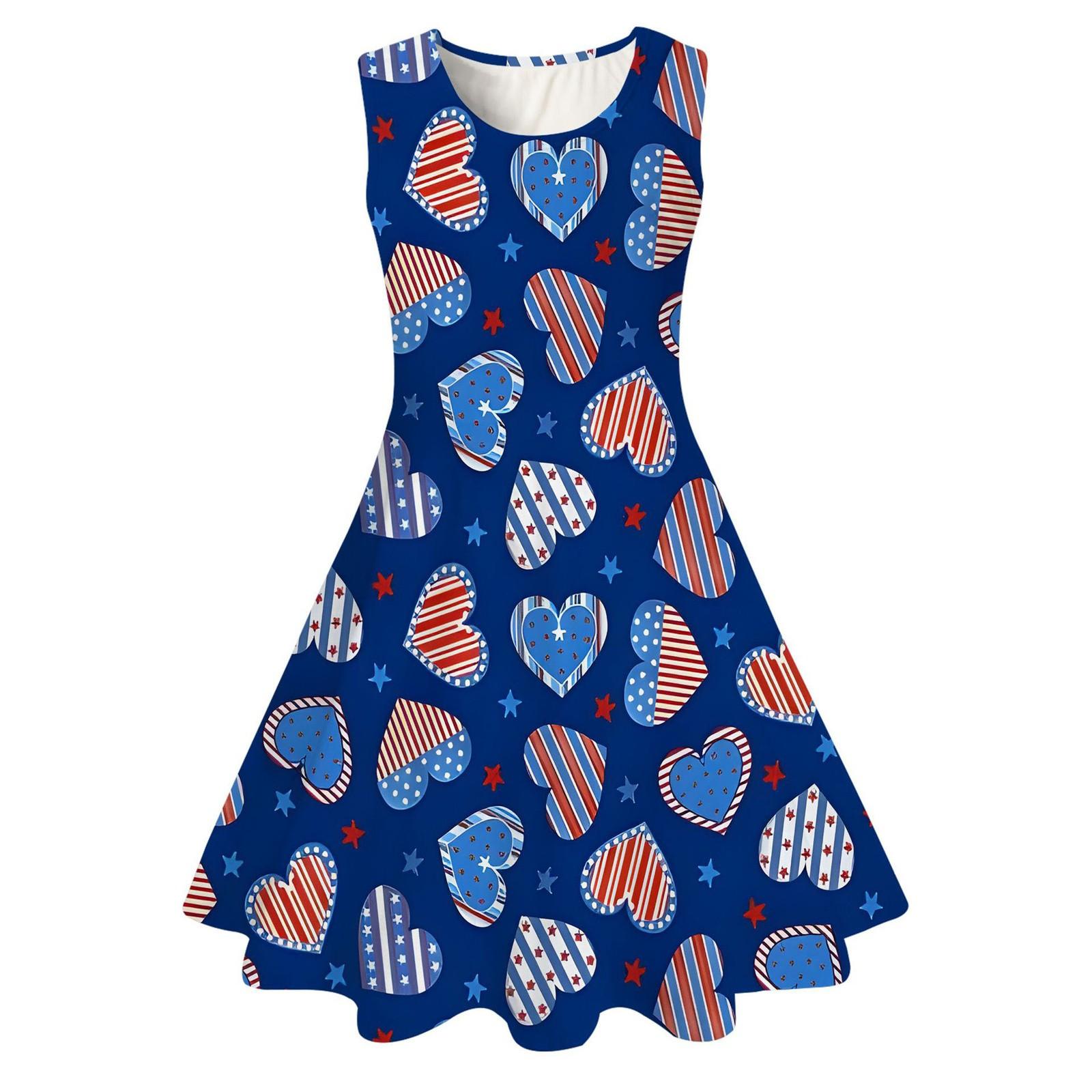 

Summer Casual Loose Print Sweet Girl Sleeveless Princess Independence Day Dress L синій