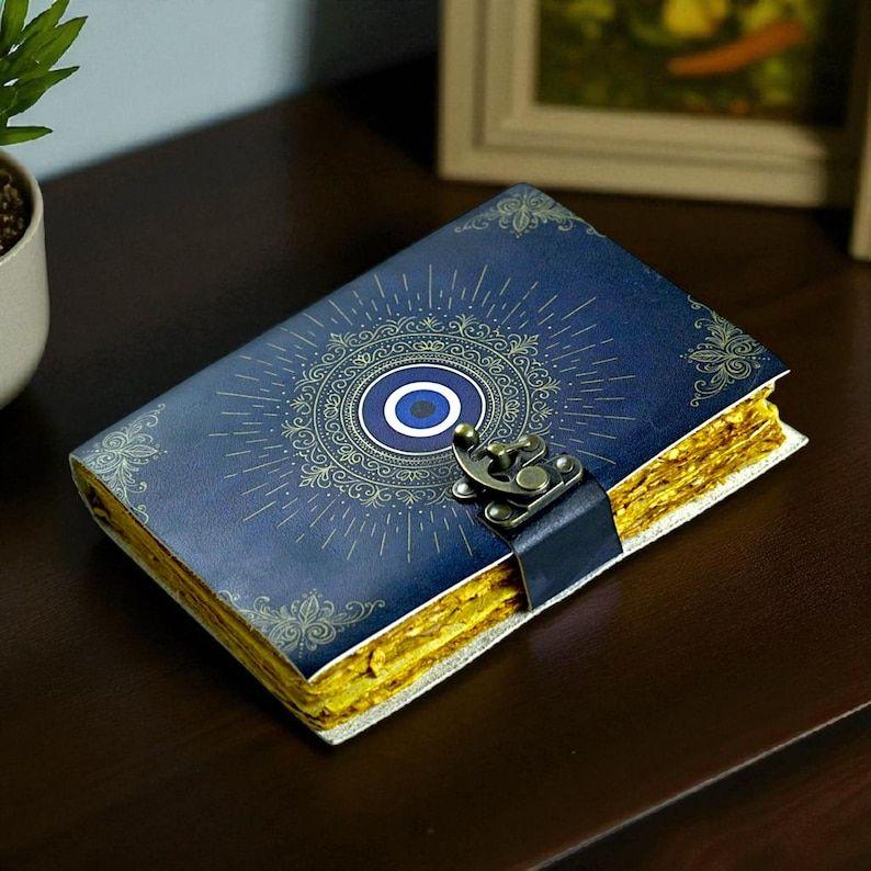 Handmade Evil Eye Leather Journal: Blue & Gold Book of Shadows