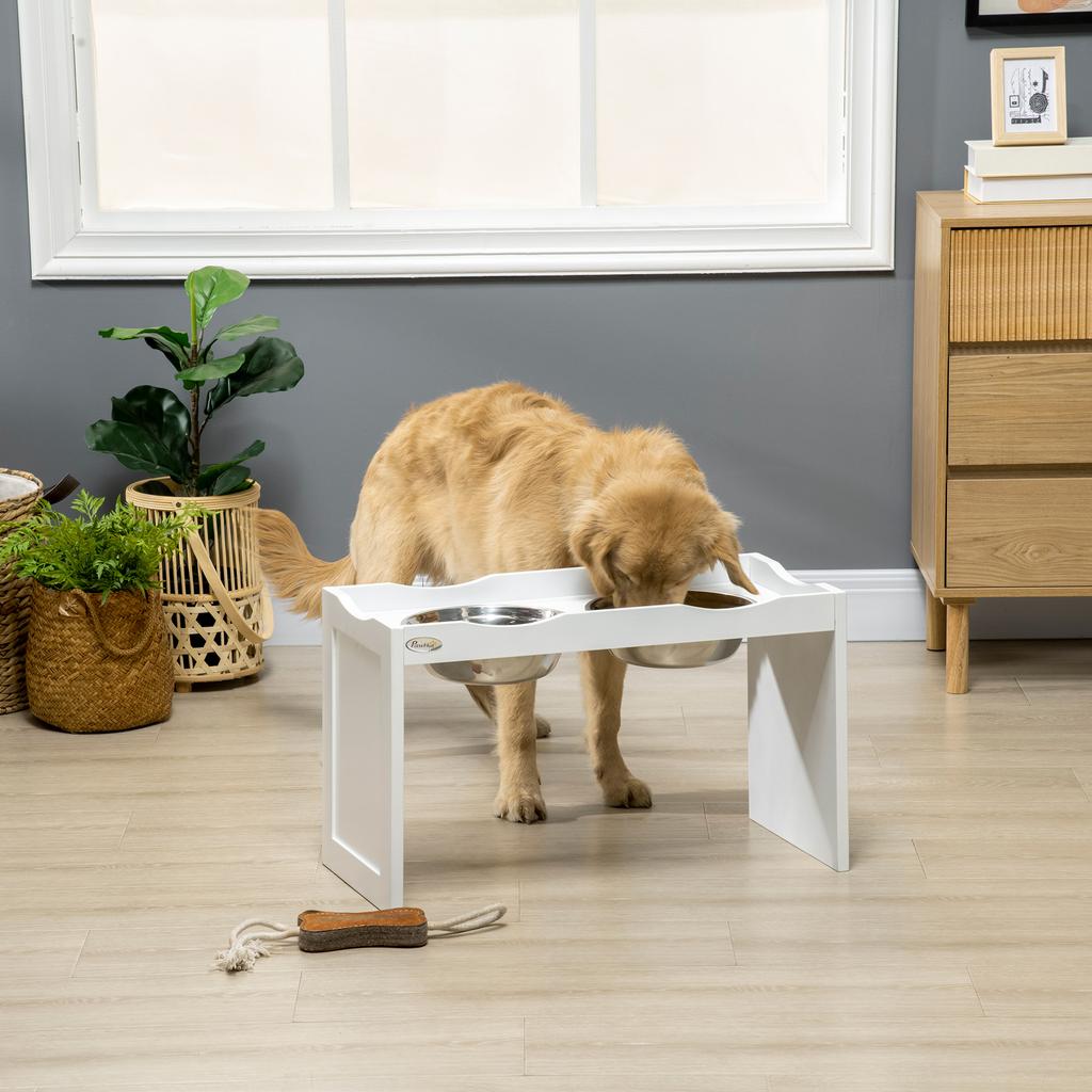 Feeding station, bowl stand, 2 feeding bowls of 2 liters each, stainless steel, for large dogs, white, 63 x 30 x 24cm
