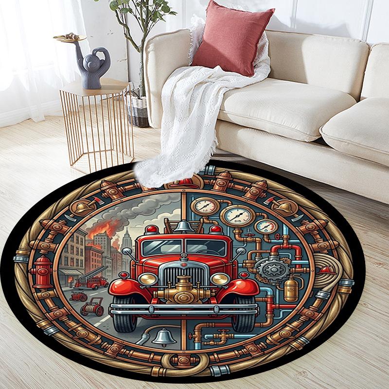 Fire Truck Adventure Round Area Rug Under Office Chairs Bedroom Living Room Home Decor