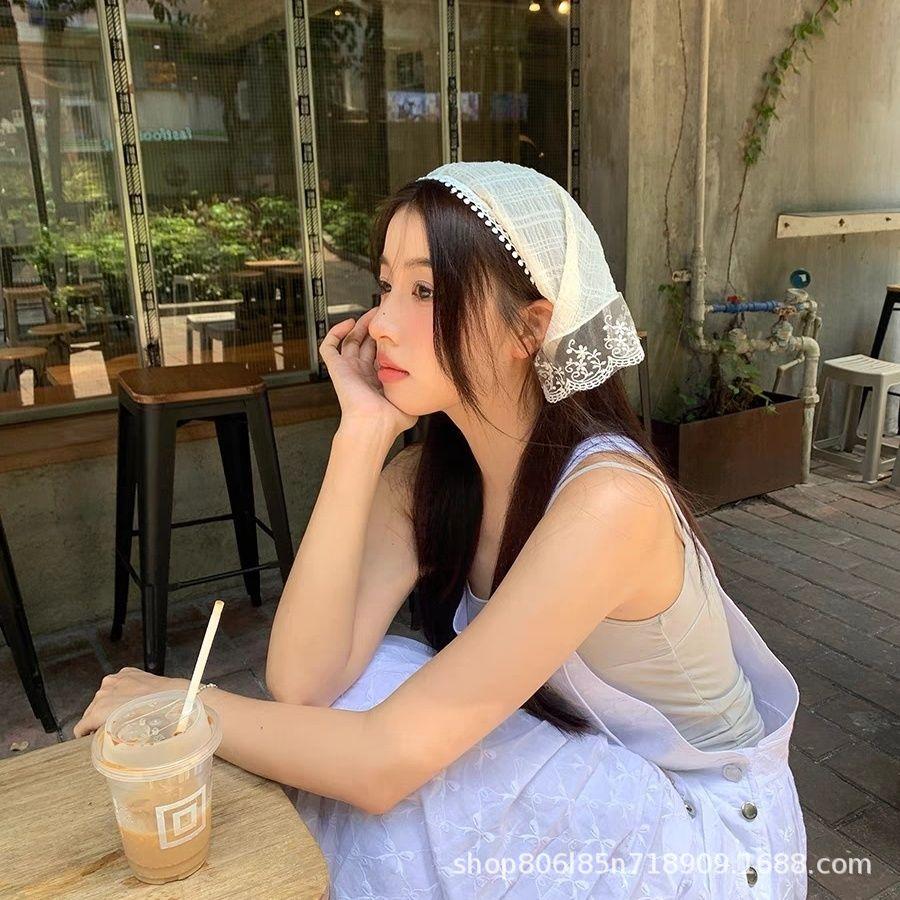 New Ins Lace Hair Scarf Floral Print Transparent Headscarf Hat Retro Triangle Hair Band Women Travel Photo Headband Accessories