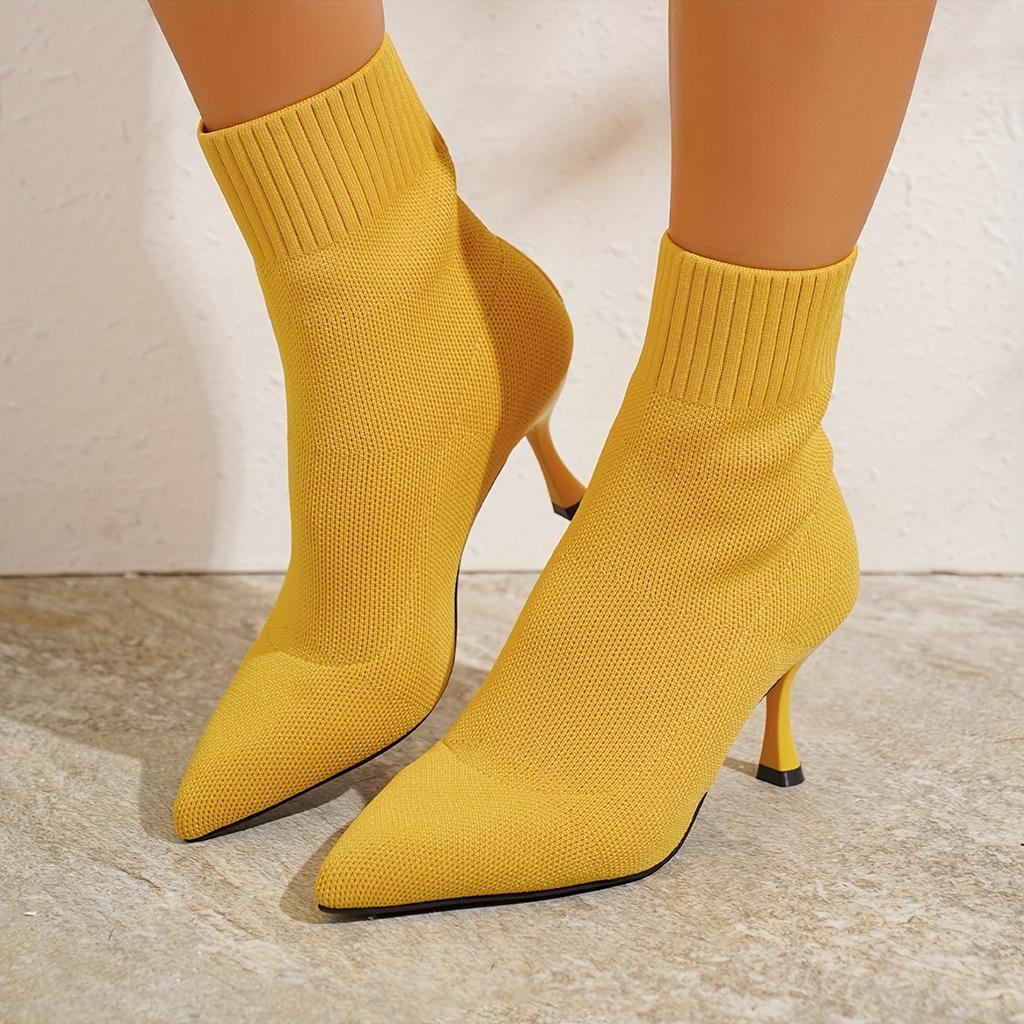 Women's Autumn Pointed Toe High-Heel Sock Boots - Stretchy Knit Ankle Boots, Korean Style Slim Fit Booties with Chunky Heel for Fall & Winter