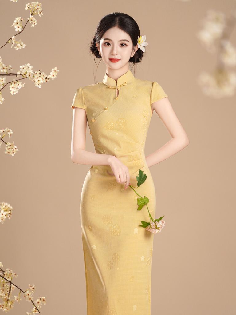 New Chinese style young yellow cheongsam bubble jacquard 1011 summer daily girly beautiful dress
