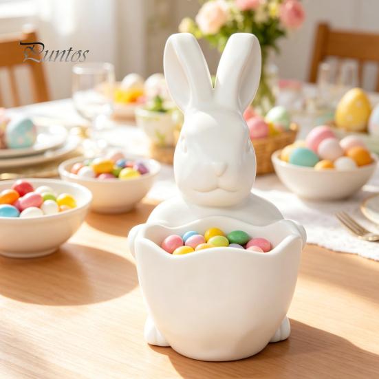 Handmade Craft Bowl 3D Printed Easter Bunny Candy Bowl, Cute Rabbit Holding Figurine, DIY Paintable White Desk Shaped Holder Decor for Living
