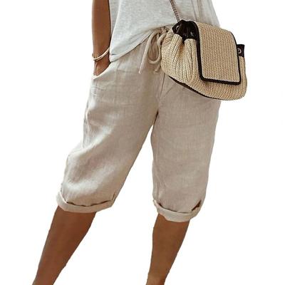 Kalhoty s elastickým pasem ve vintage stylu, prodyšné kalhoty po kolena s kapsami pro ženy, elastický pas se stahovací šňůrkou, dámské kalhoty