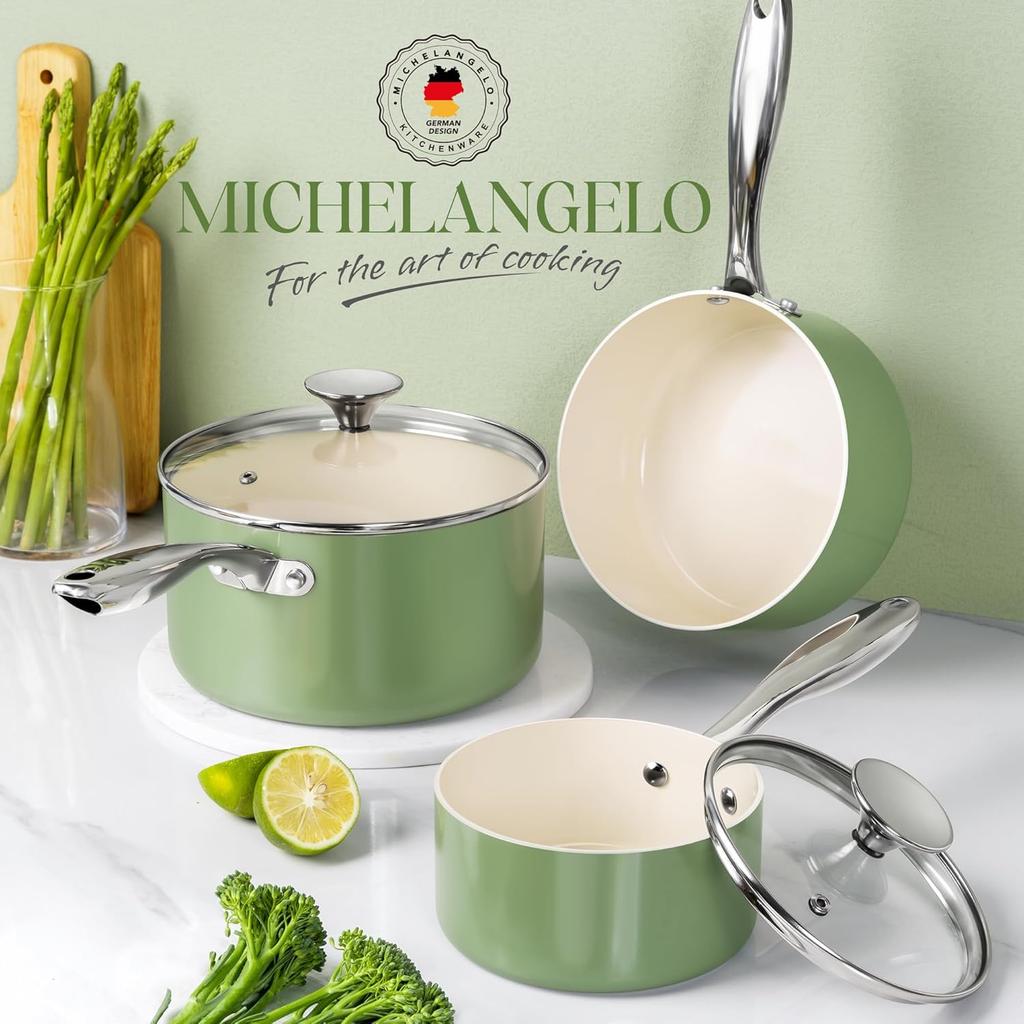 MICHELANGELO Sauce Pan with Lid Non Stick Saucepan Set of 3 1Qt /2Qt/3Qt Ceramic Non-Toxic Scratch-Resistant, Oven Safe
