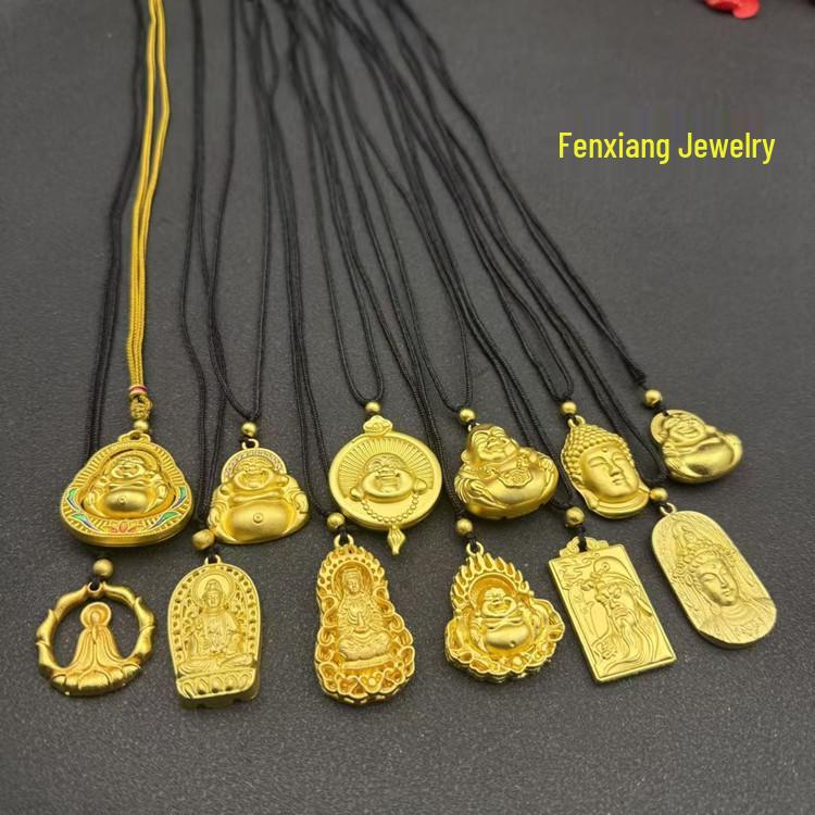 Vietnam Gold-Plated Flame Guanyin Buddha Necklace with Dragon Pixiu and Peace Pendant