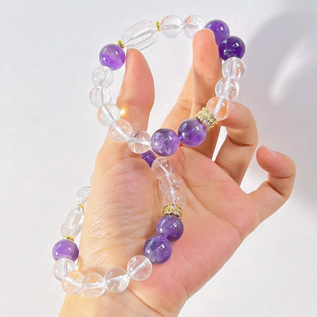 Vintage Natural 10Mm White Crystal 12Mm Amethyst Design Bracelet Bracelet